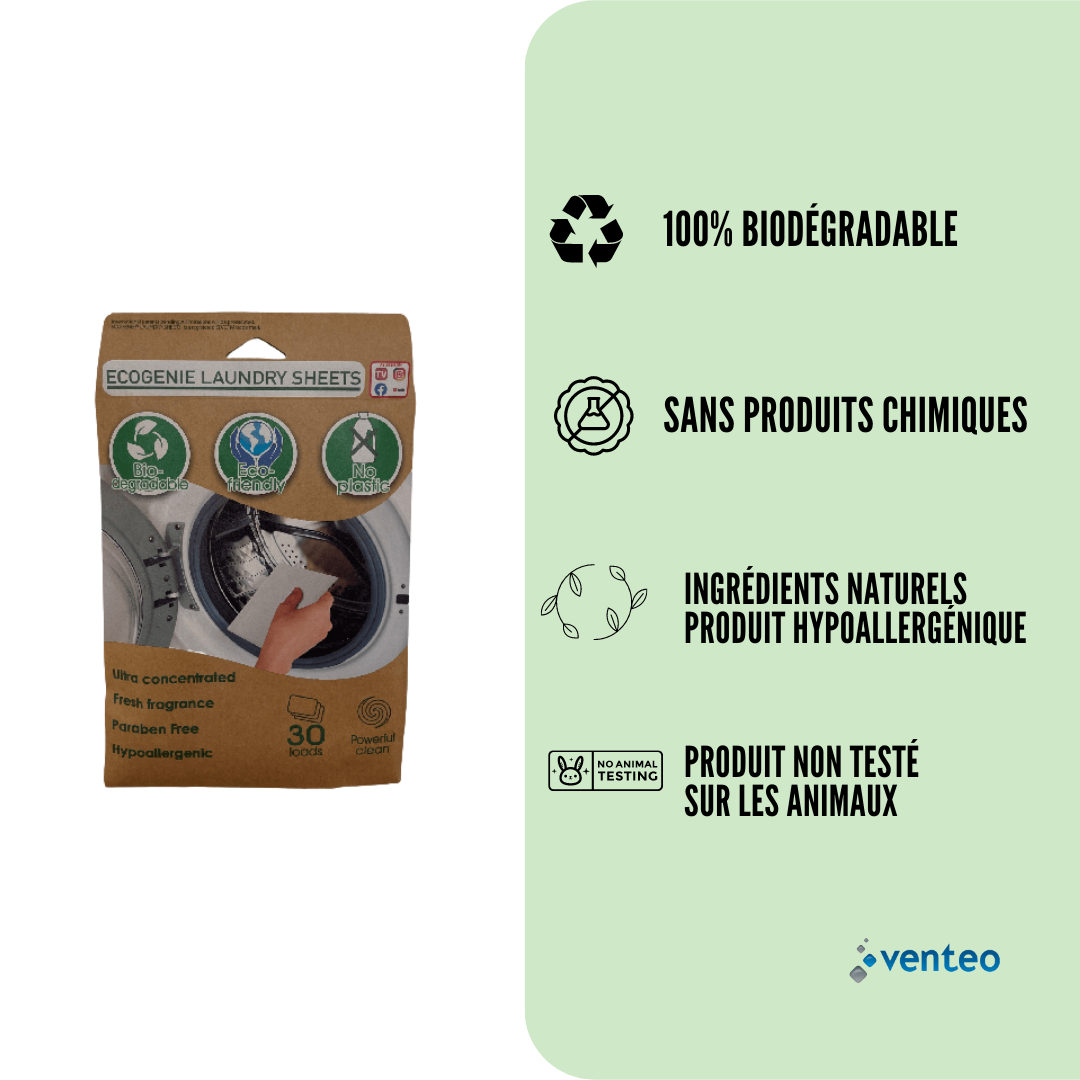 Feuilles de lessive biodégradable - VENTEO - Lingettes écologique